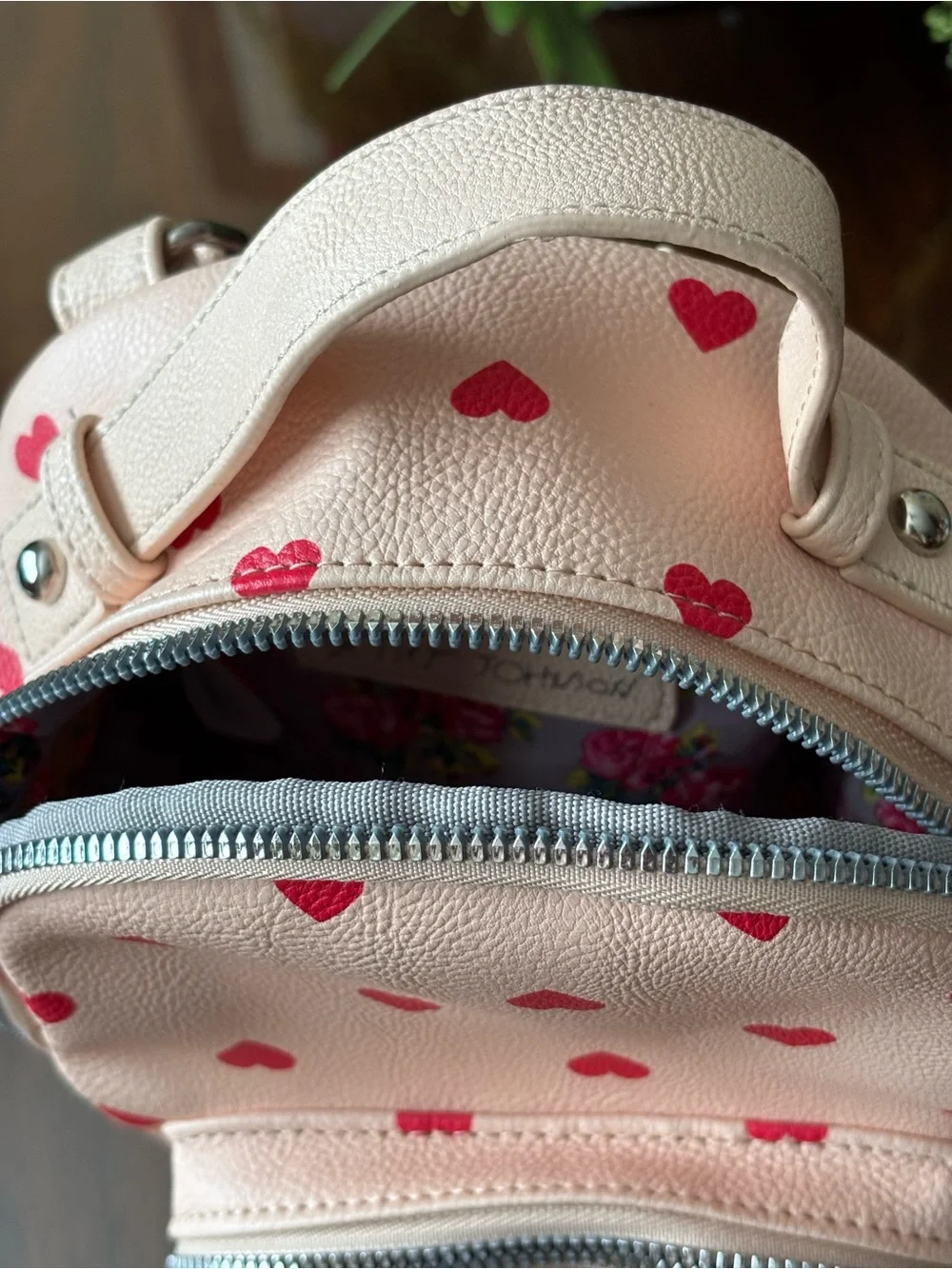 Betsey Johnson Pink Mini Puppy Backpack with Red Heart Print
